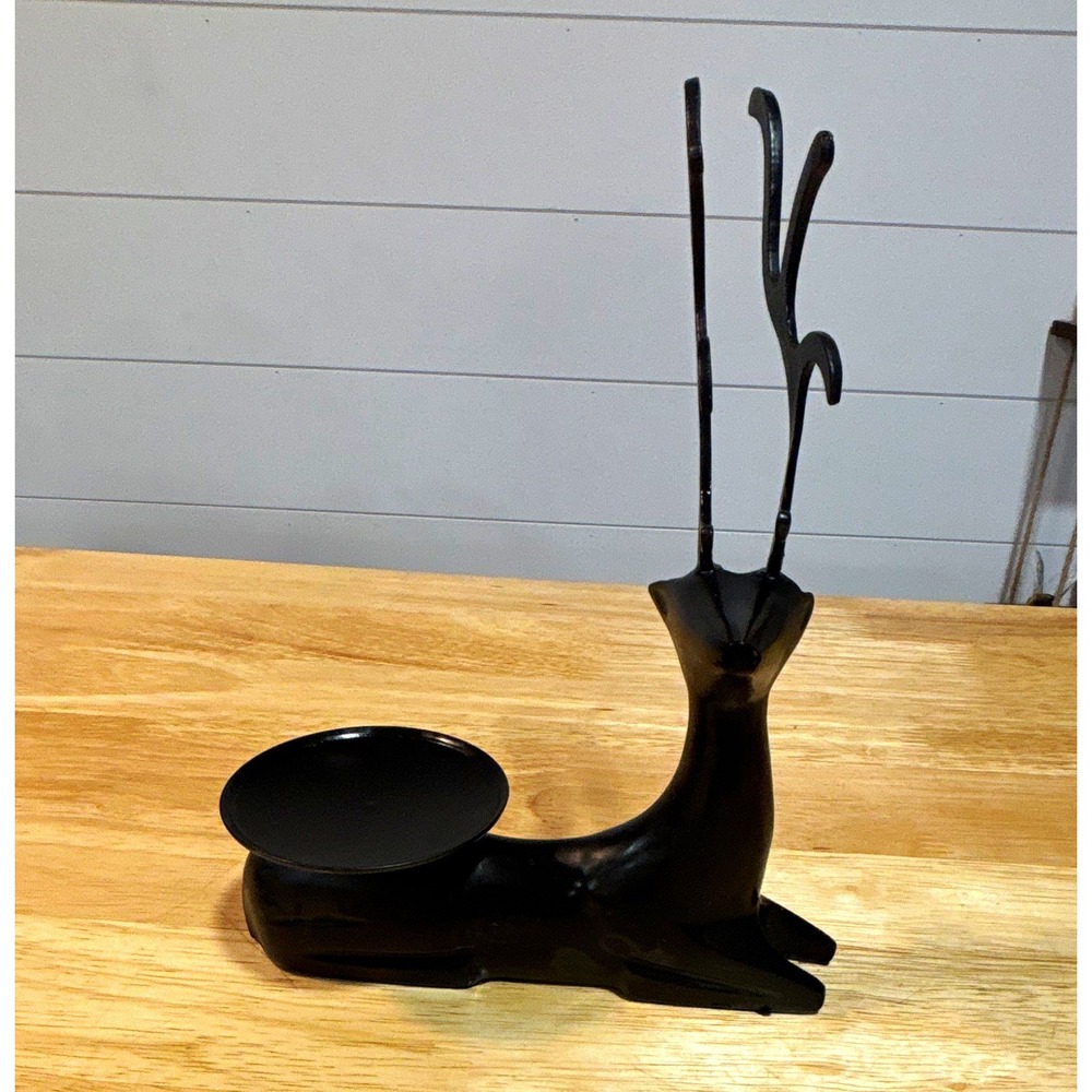 Black Metal Reindeer Candle Holder Freestanding 8 in Tall for Pillar Candle